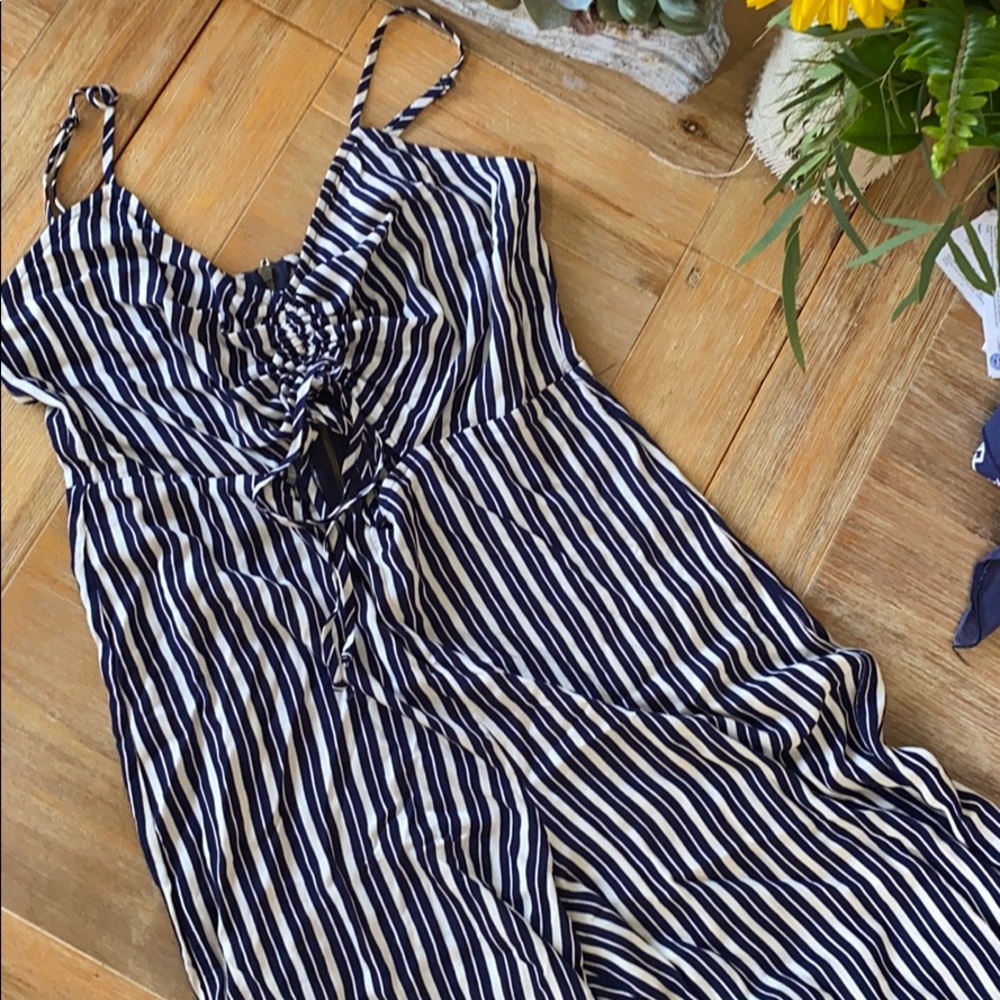 Striped Pants Romper Jumpsuit, Keyhole Cinch Front